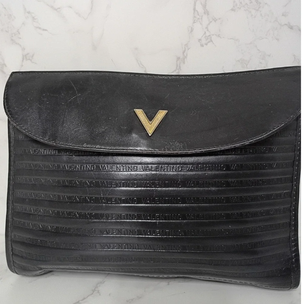 MARIO VALENTINO Vintage Black Embossed Leather Clutch Bag - EUC